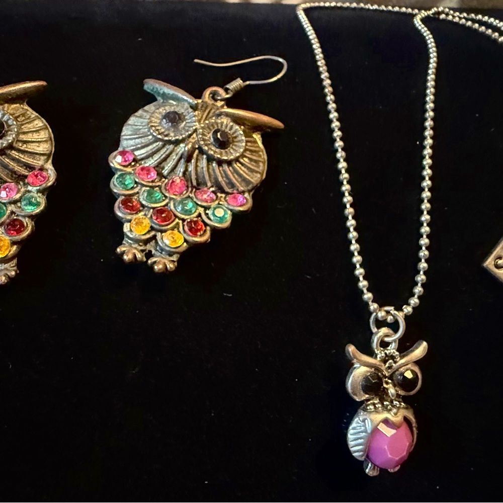 Vibrant Owl Earrings and Necklace Set